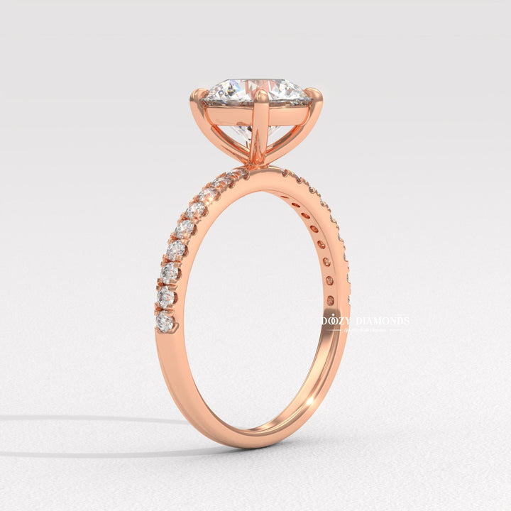 Round cut engagement ring side view showing band detail