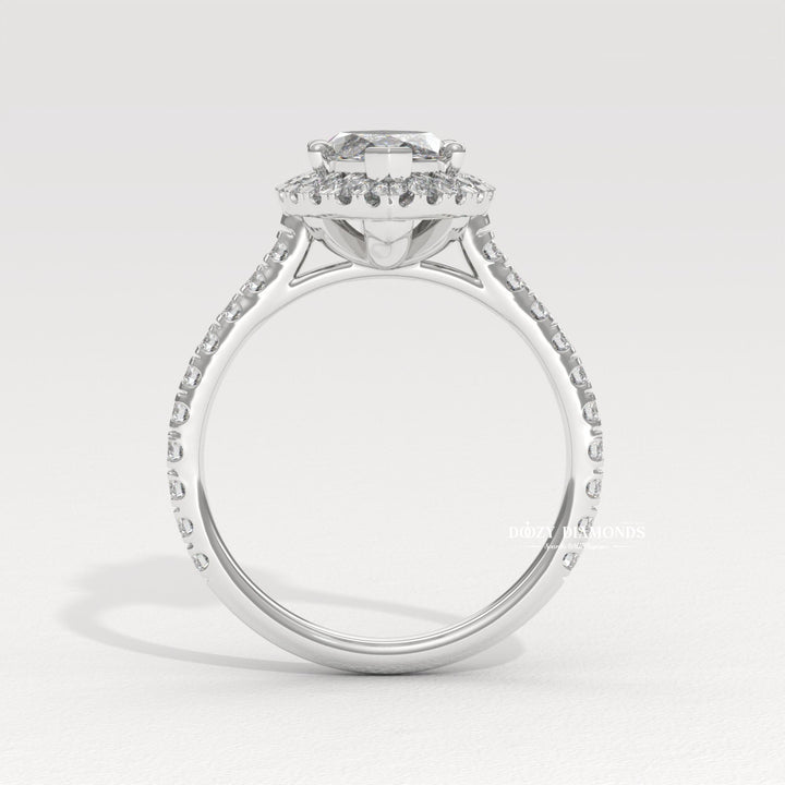 Close-up of marquise cut center diamond in solitaire engagement ring