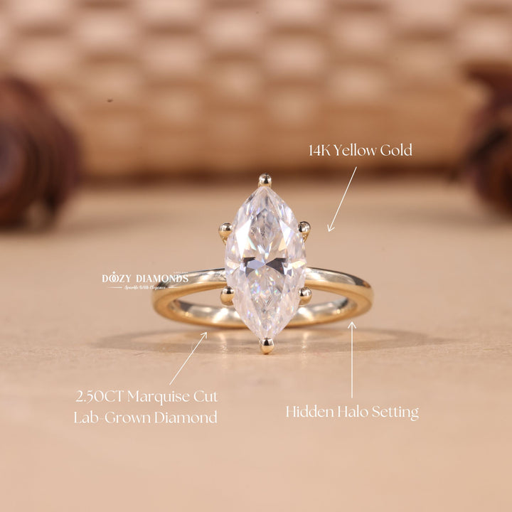 Fine craftsmanship detail on marquise hidden halo engagement ring