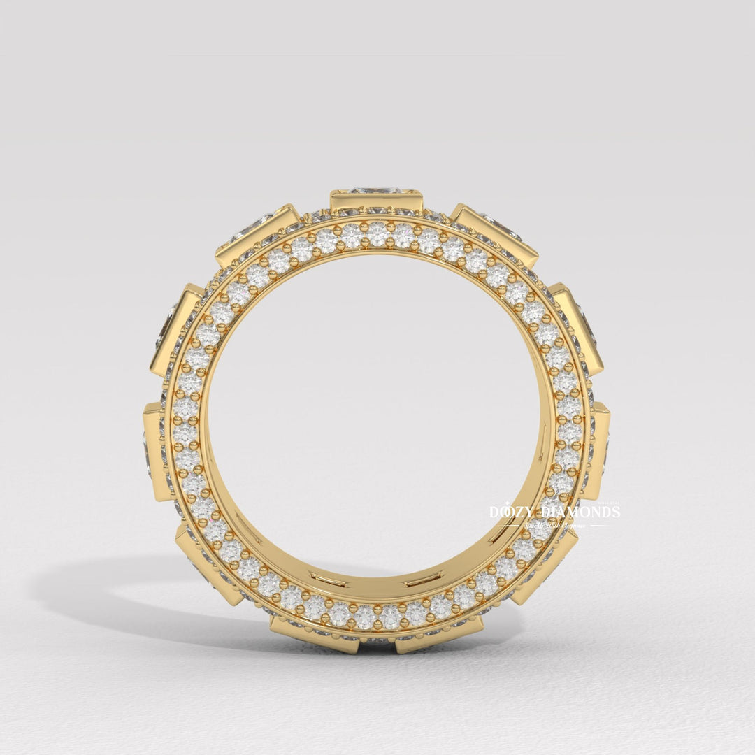 Eternity diamond band stacked with engagement ring