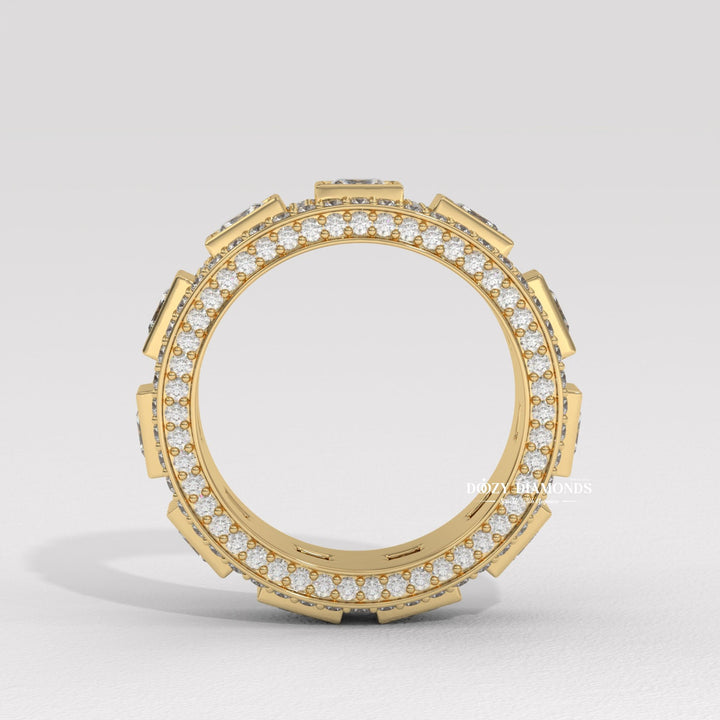 Eternity diamond band stacked with engagement ring