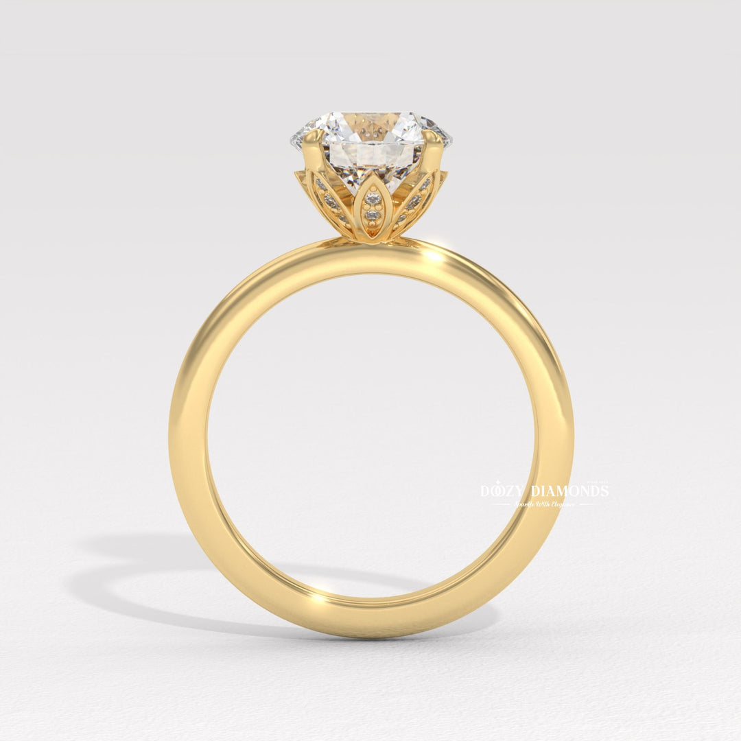 Profile view of round cut solitaire engagement ring band