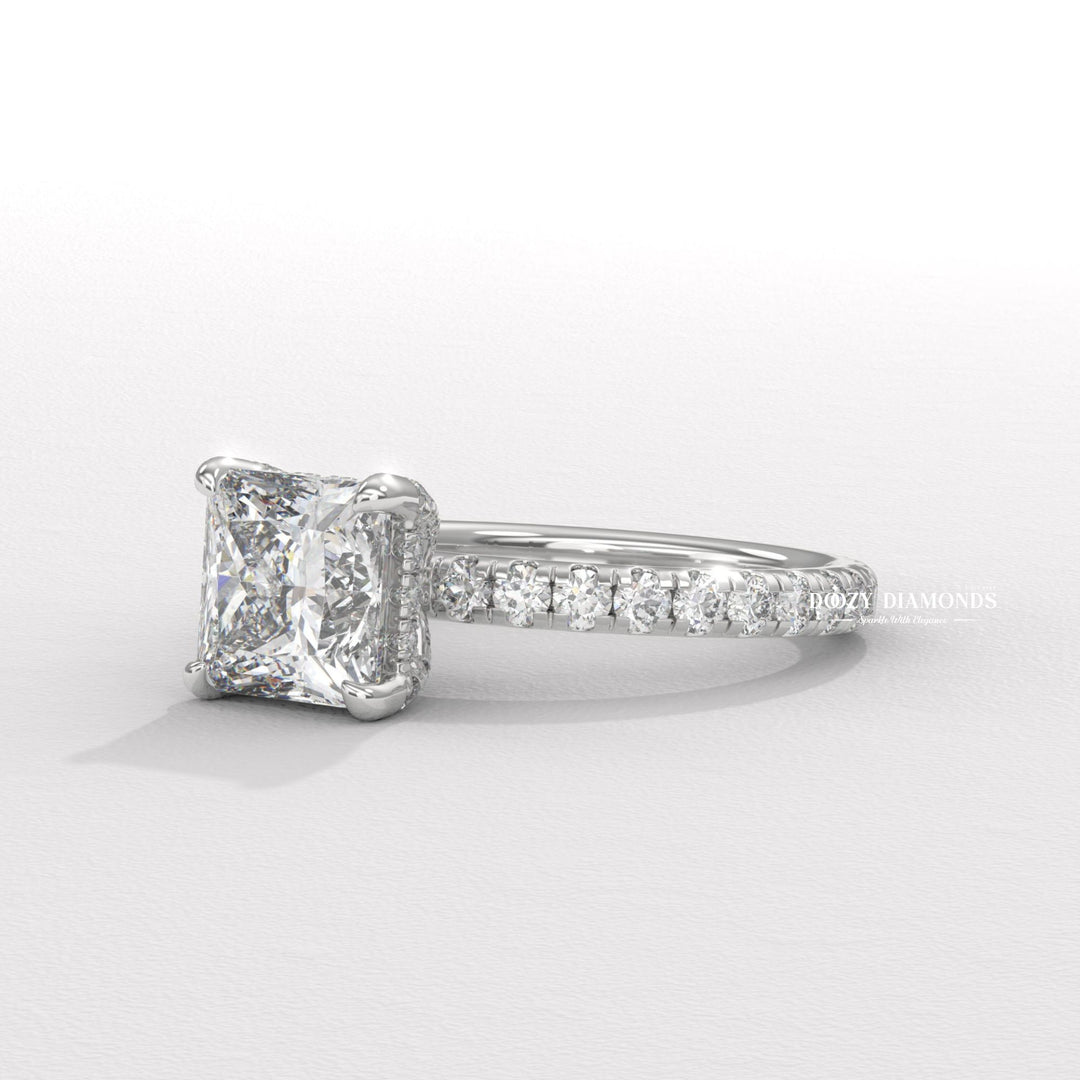 Side angle of princess hidden halo diamond engagement ring