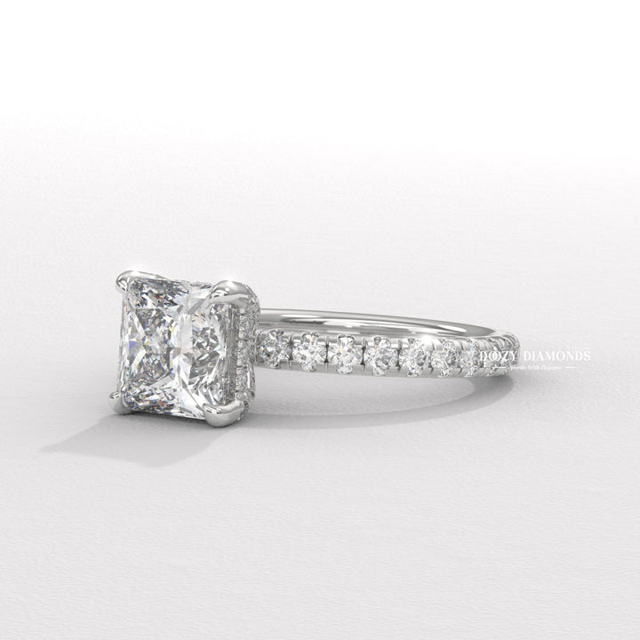 Side angle of princess hidden halo diamond engagement ring