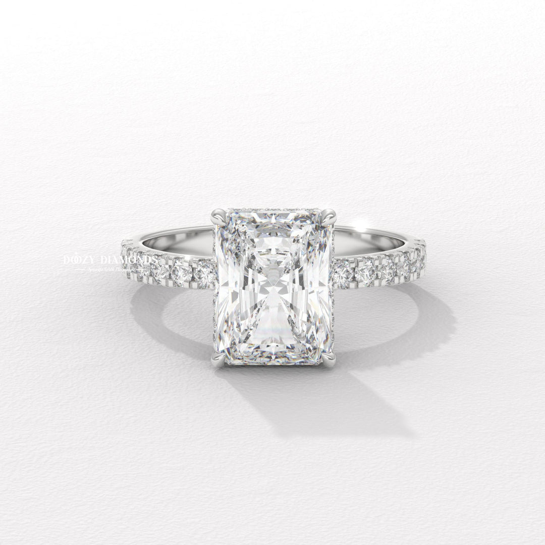 IGI certified radiant cut diamond in halo engagement ring setting