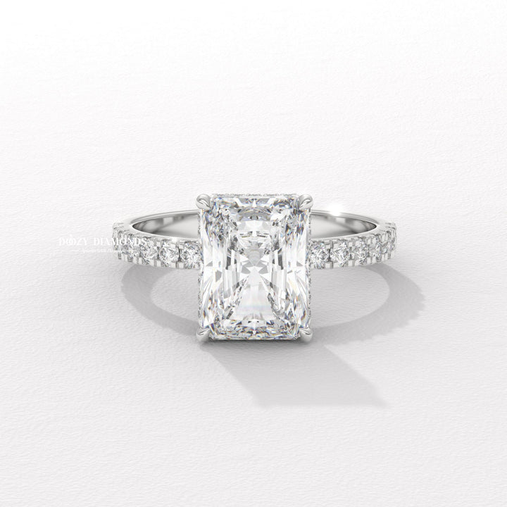 IGI certified radiant cut diamond in halo engagement ring setting