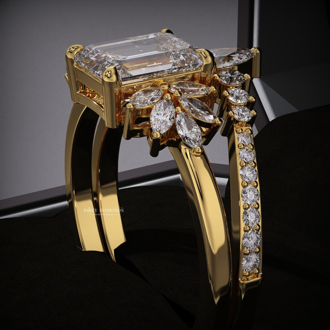 2.0CT Emerald Cut E/VVS2 Lab Grown Cluster Engagement Ring Set