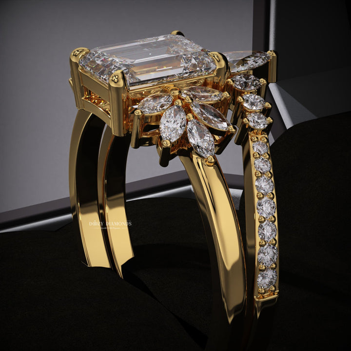 2.0CT Emerald Cut E/VVS2 Lab Grown Cluster Engagement Ring Set