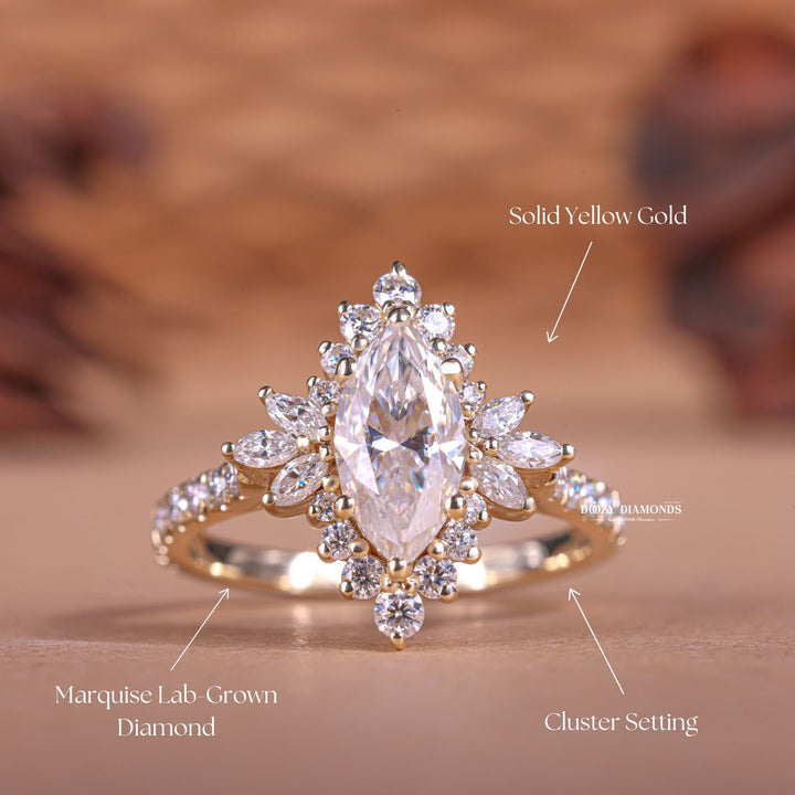 Marquise cut cluster engagement ring with IGI certified center diamond