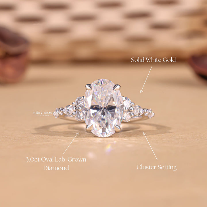 Side angle of oval cluster diamond engagement ring