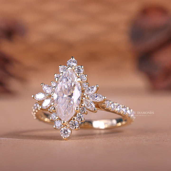Lifestyle shot of marquise cluster diamond ring on hand