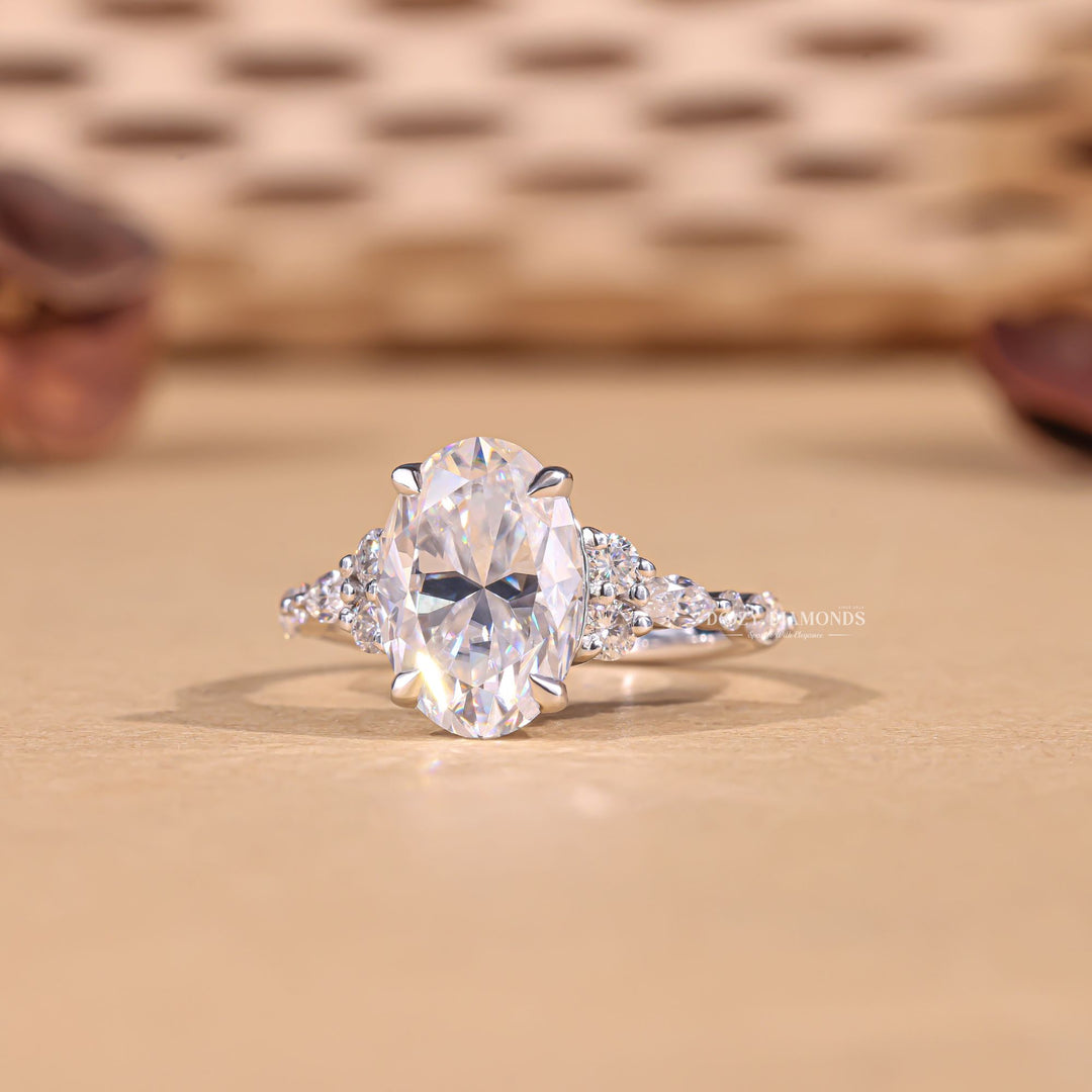 Oval cluster lab grown diamond ring side profile in gold setting