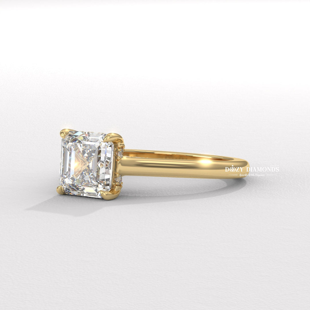 Premium asscher cut hidden halo engagement ring crafted in solid gold