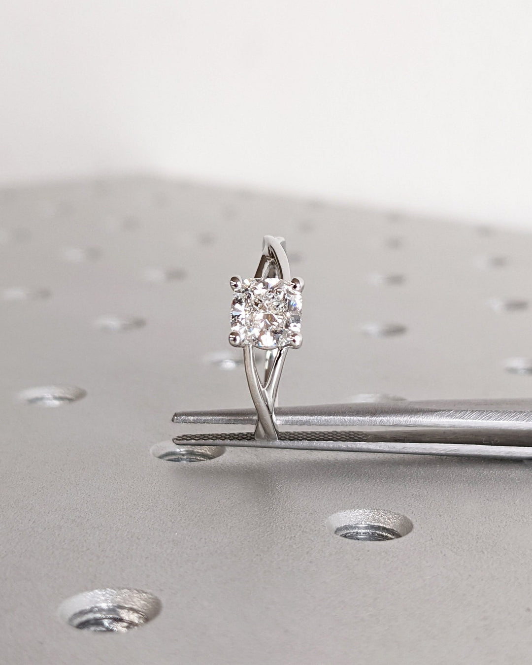 Cushion split shank engagement ring with certified lab grown diamond