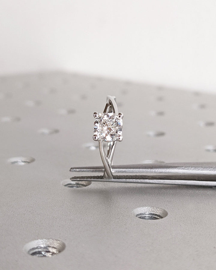 Cushion split shank engagement ring with certified lab grown diamond