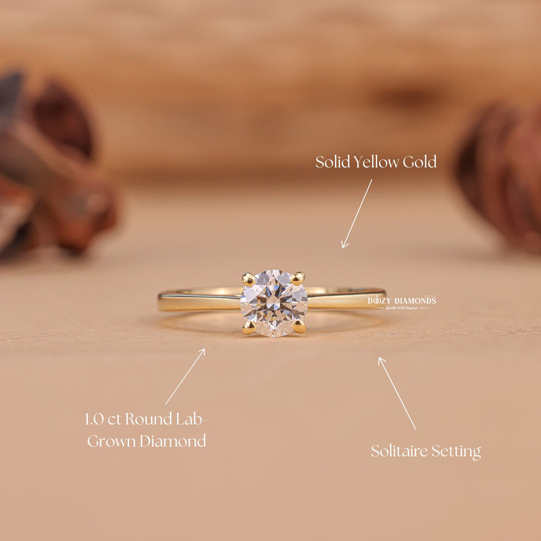 Round solitaire engagement ring close-up showing F/VS1 diamond clarity