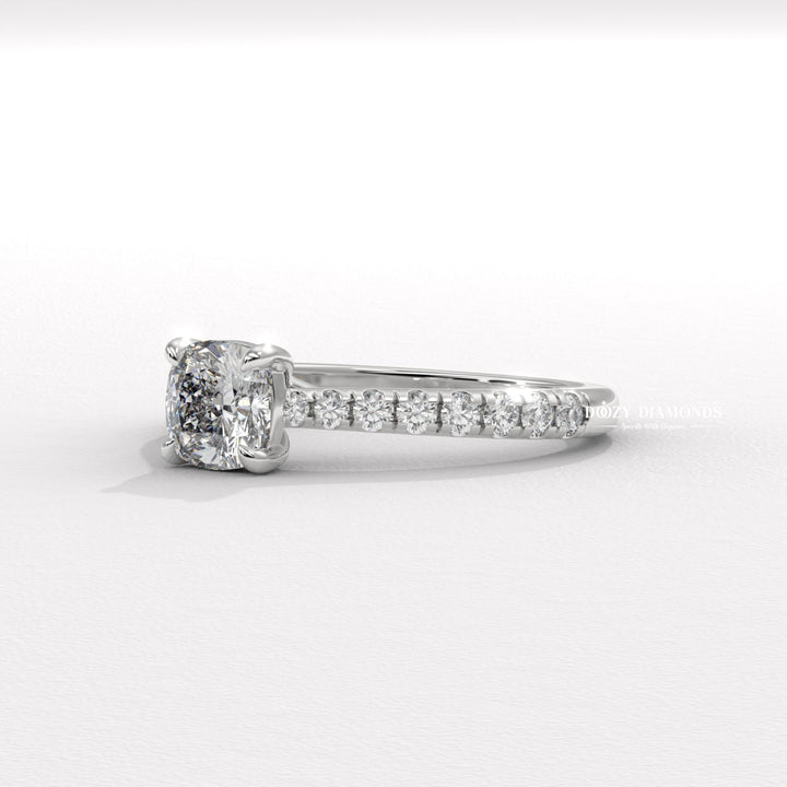 Cushion solitaire lab grown diamond ring fitted on finger