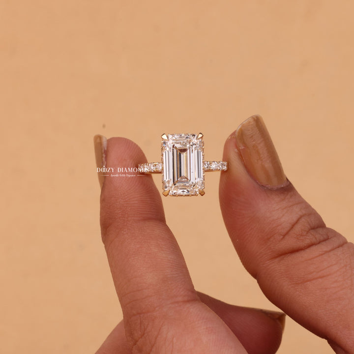 Handcrafted emerald cut hidden halo lab grown diamond engagement ring