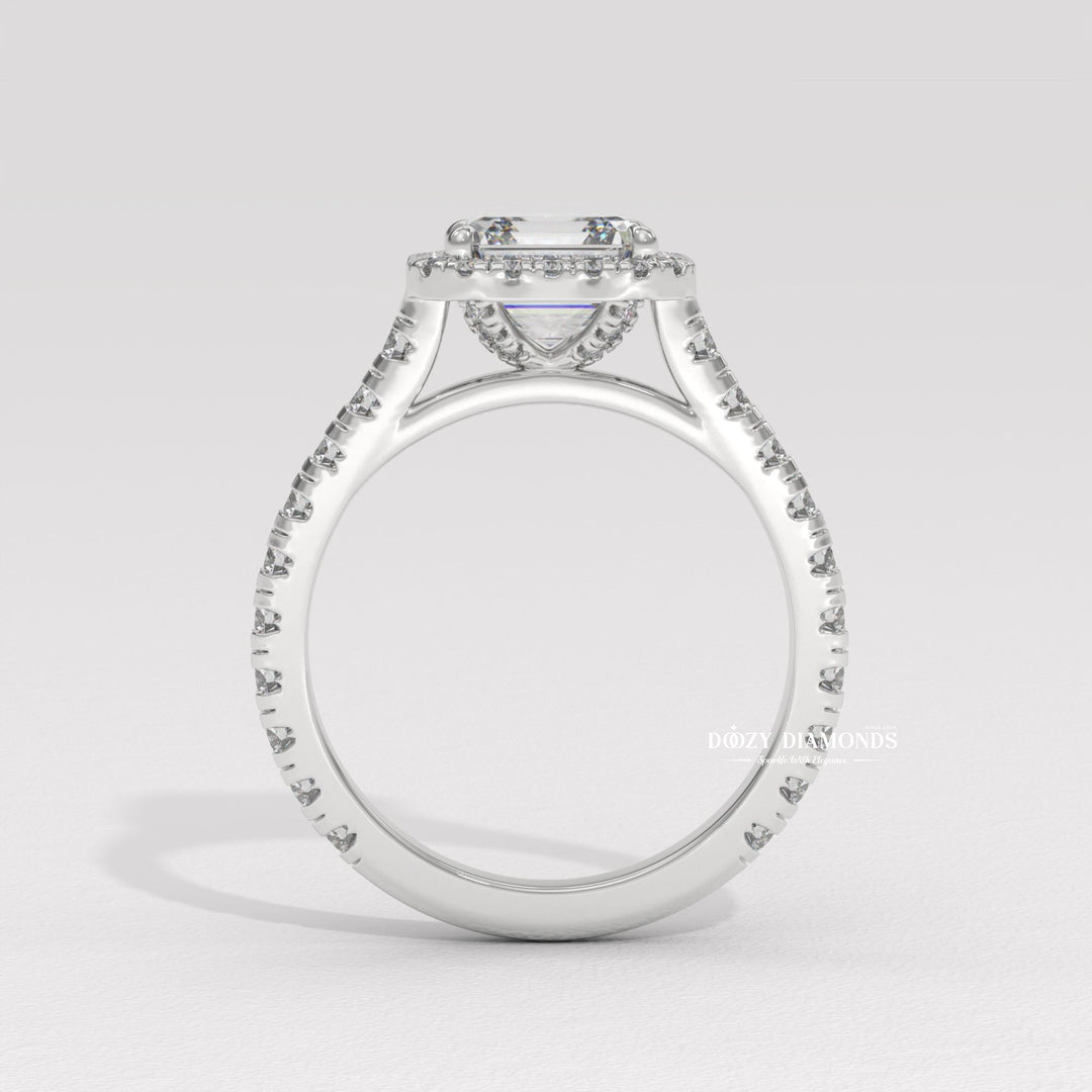 Asscher cut engagement ring shown with authenticity certificate