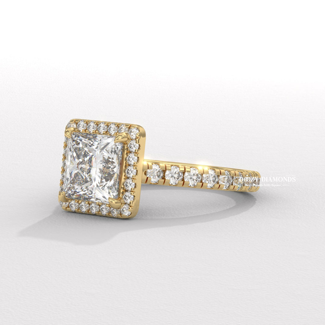 Profile view of princess cut pave engagement ring band