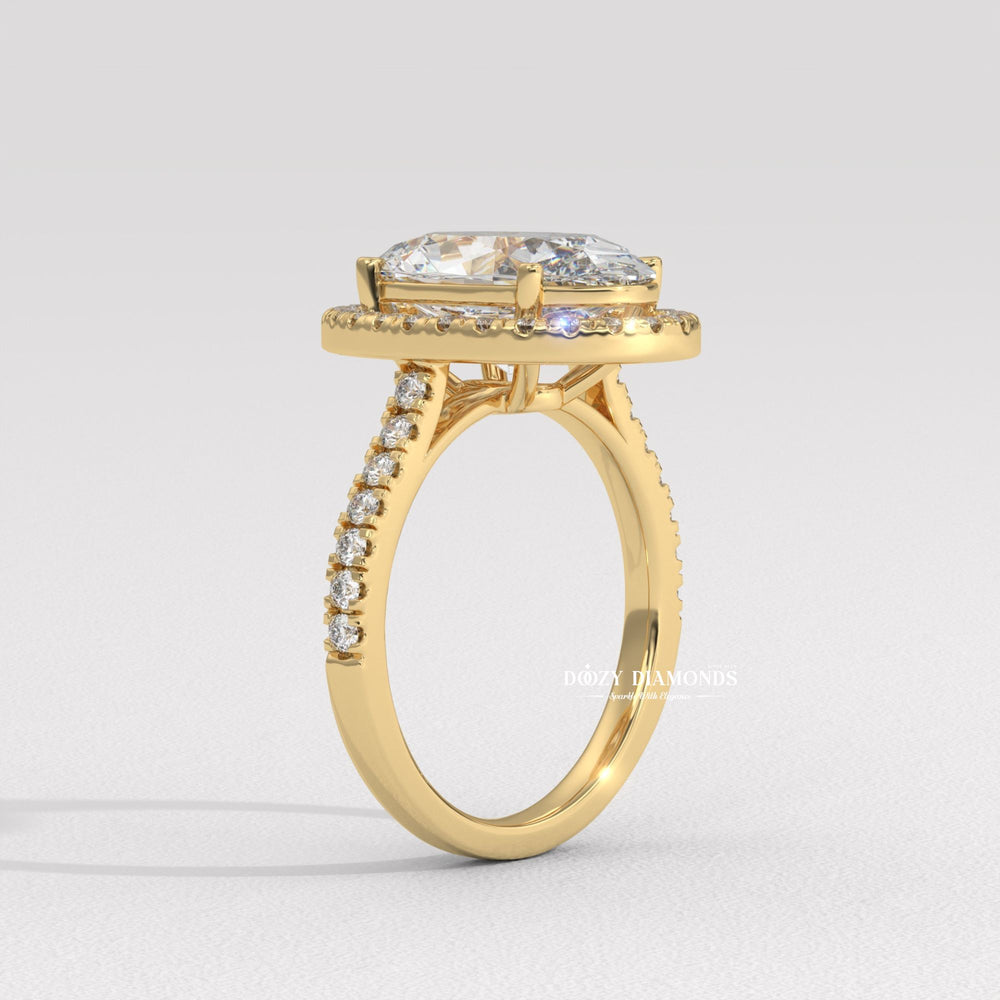 Oval cut halo engagement ring shown in real-life wear