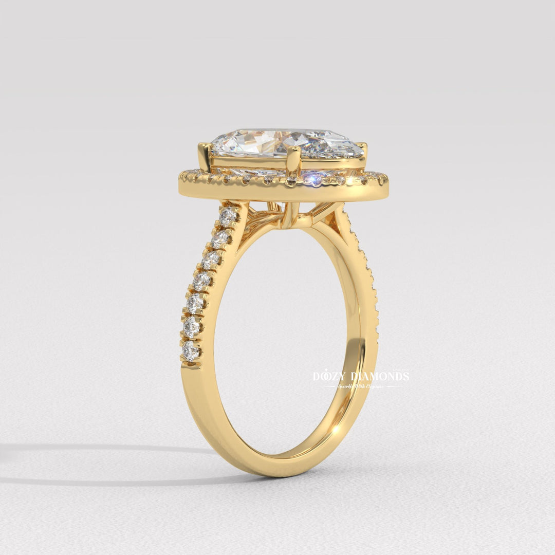 Oval cut halo engagement ring shown in real-life wear