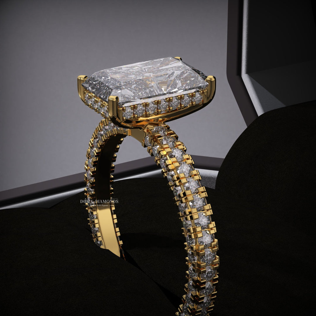 Radiant pave engagement ring shown on hand for true-to-life sizing