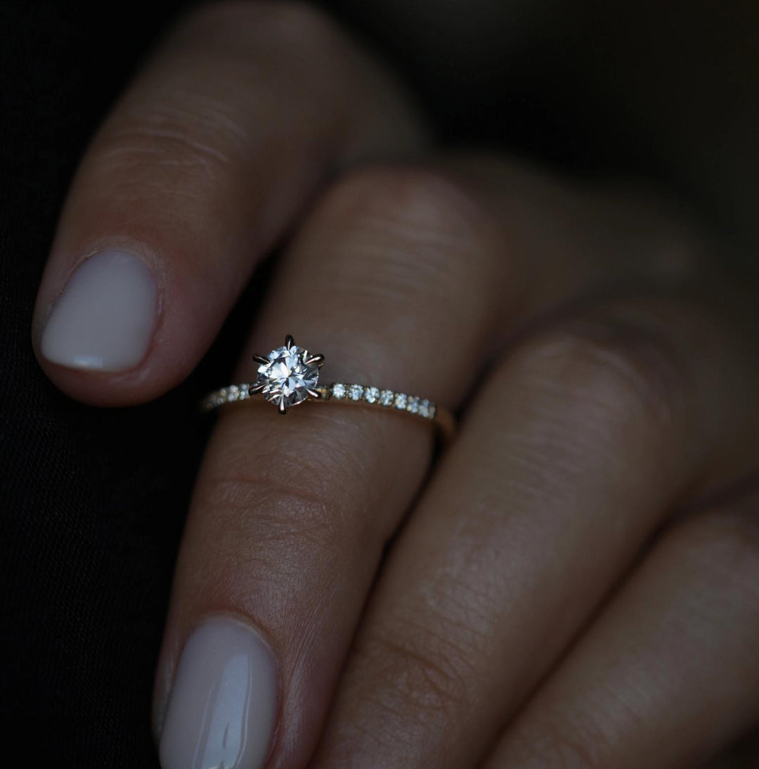 Top-down view of round cut solitaire engagement ring