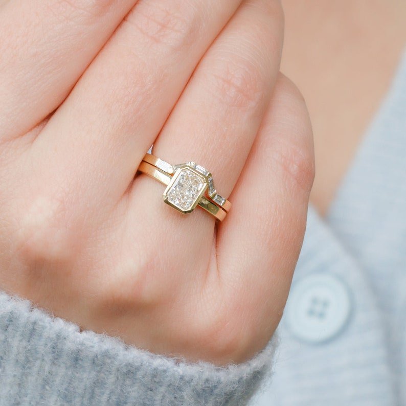 Radiant bezel lab grown diamond ring side profile in gold setting