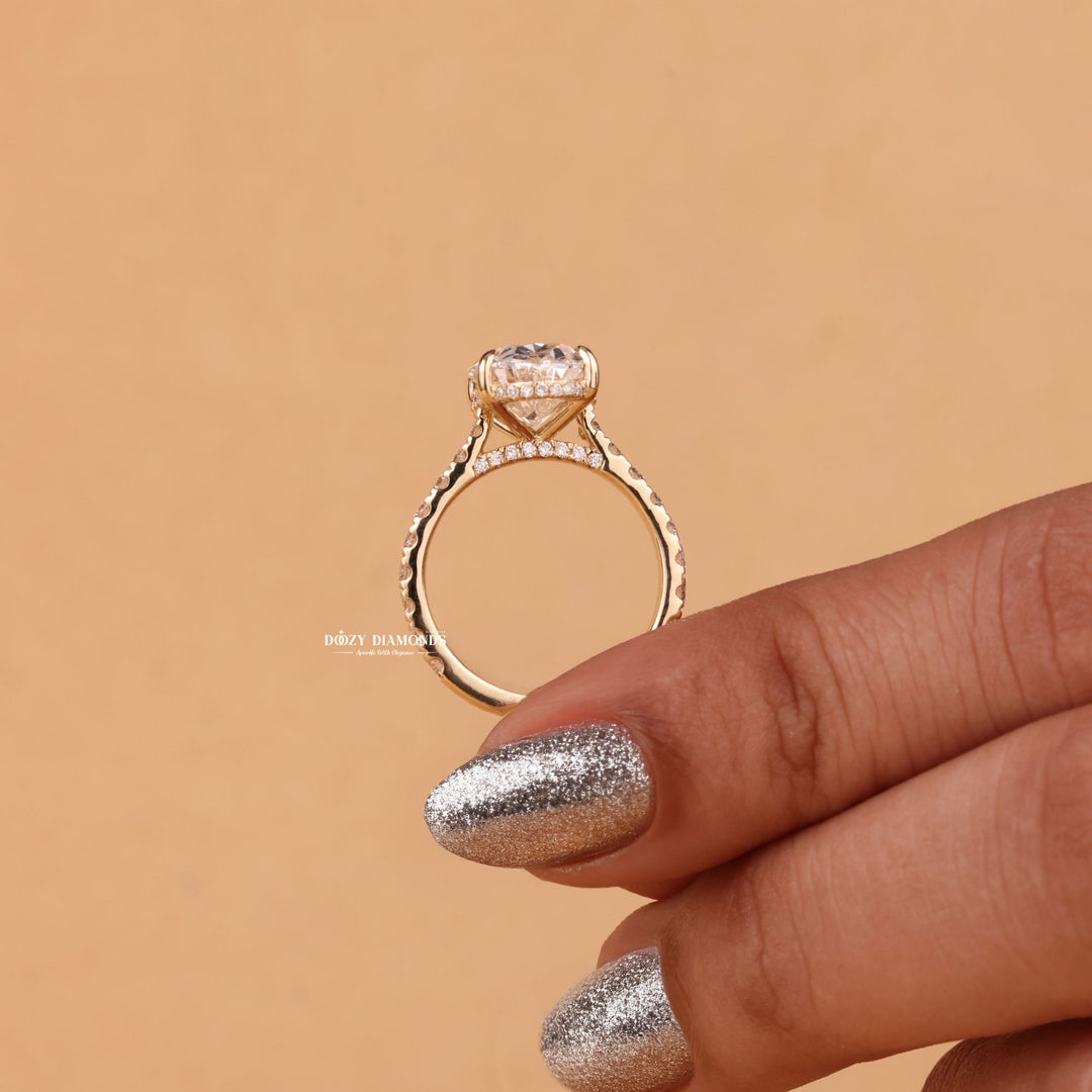 Oval cut engagement ring side view showing band detail