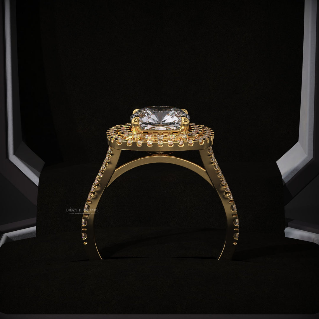 Cushion split shank diamond engagement ring available in multiple metals