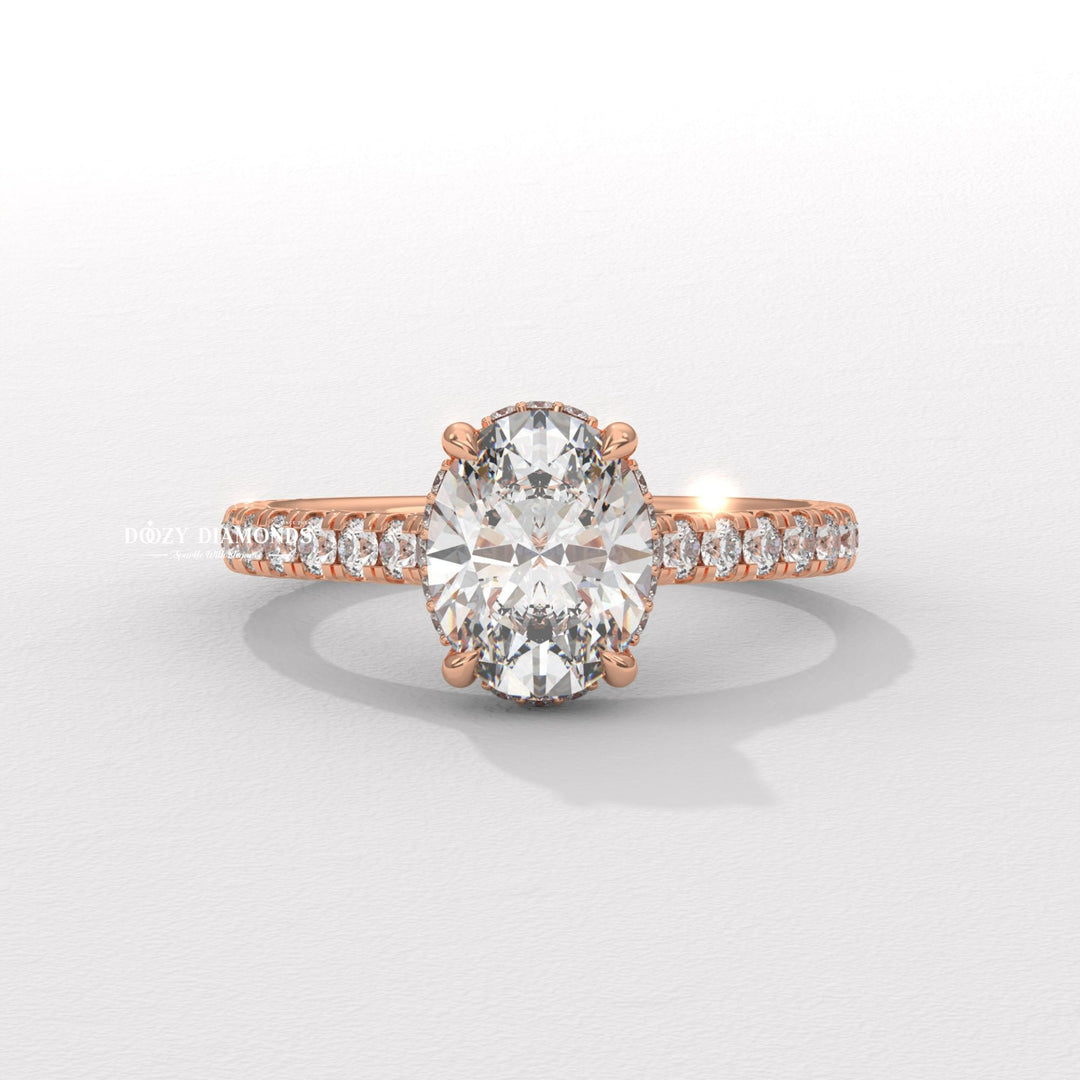 Side angle of oval halo diamond engagement ring