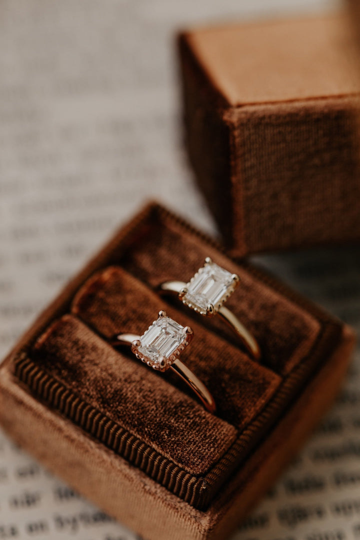 Emerald solitaire lab grown diamond ring in jewelry gift box