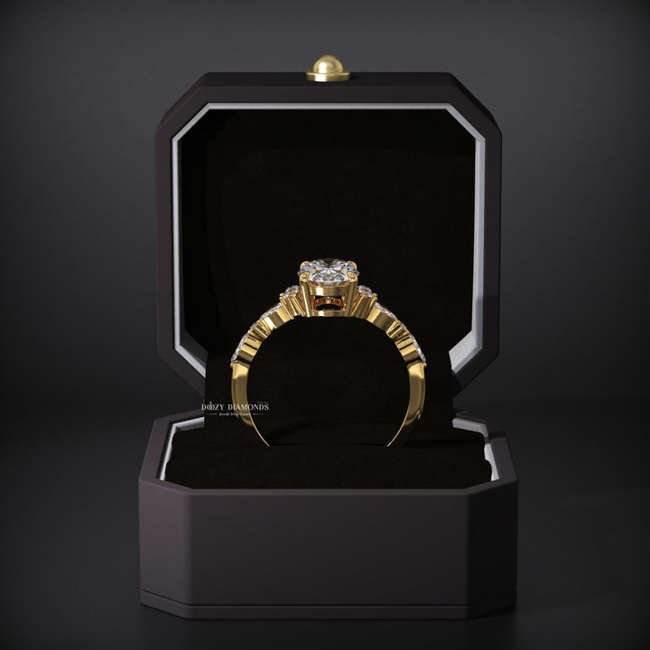 Side angle of oval pave diamond engagement ring