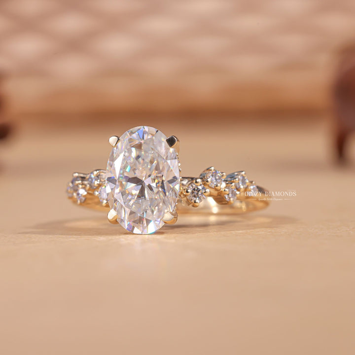 Oval pave engagement ring close-up highlighting diamond sparkle