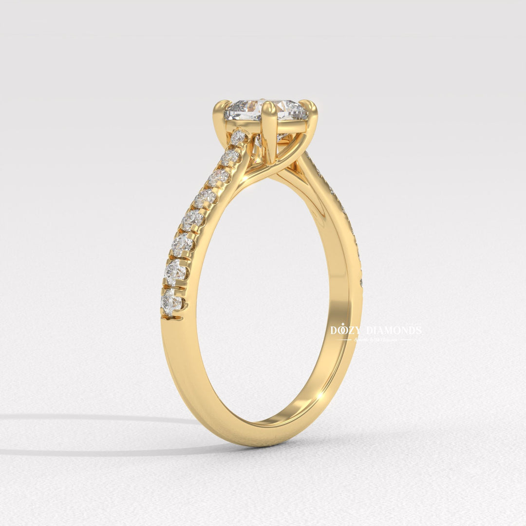 Close-up of cushion cut center diamond in solitaire engagement ring