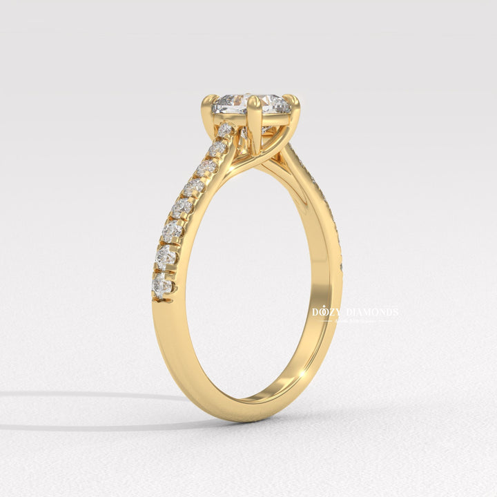 Close-up of cushion cut center diamond in solitaire engagement ring