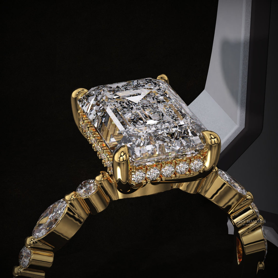 Top-down view of emerald cut hidden halo engagement ring