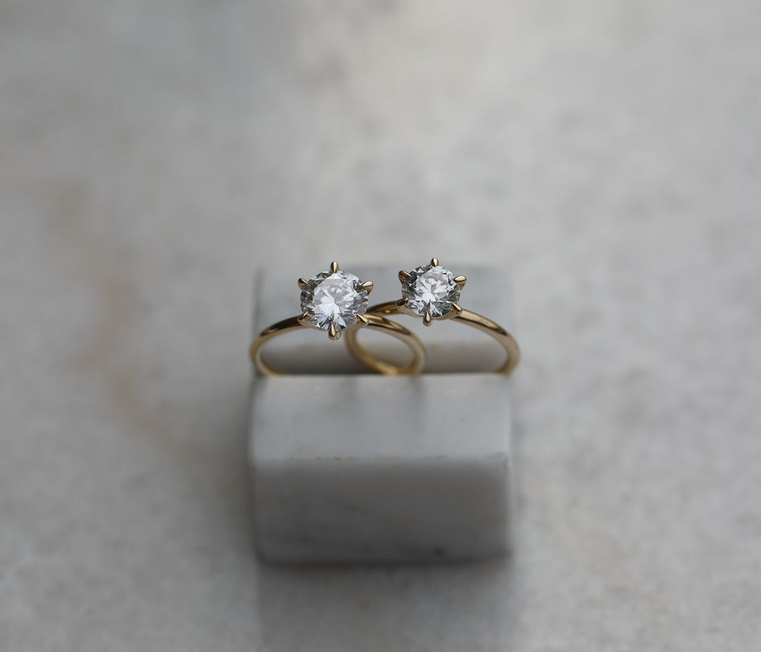 Round solitaire diamond ring displayed on jewelry stand