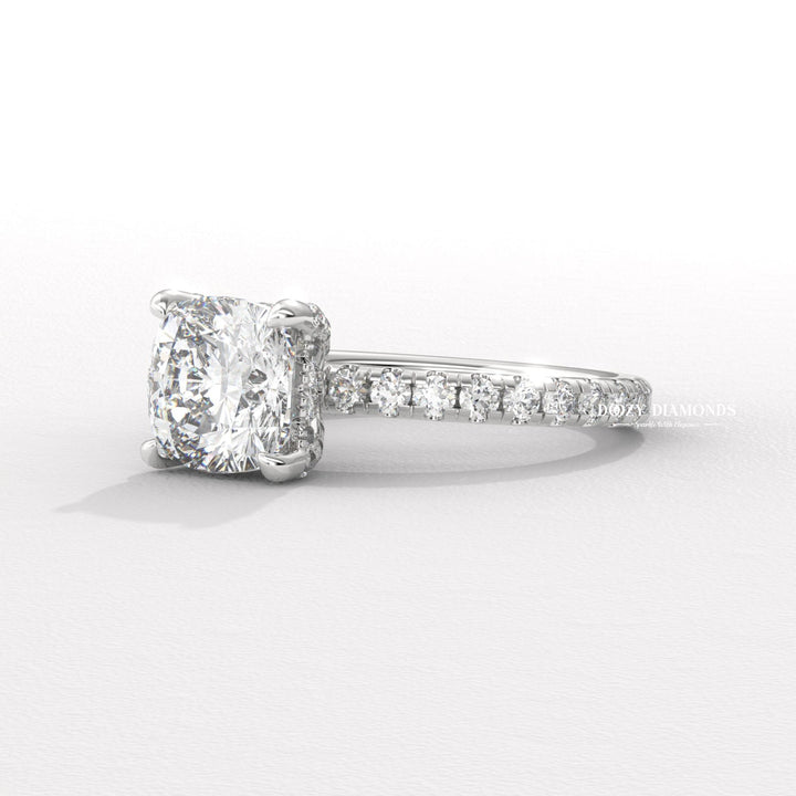 Angled view of cushion cut diamond in solitaire setting