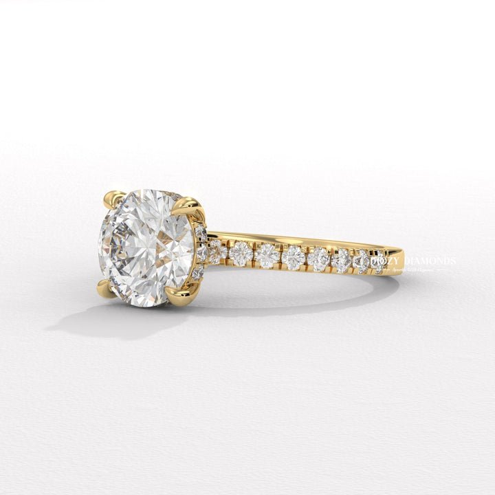 Round hidden halo diamond ring displayed on jewelry stand