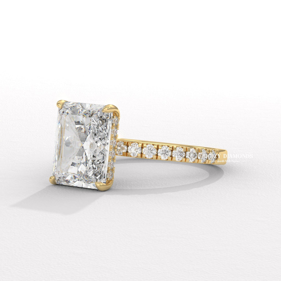 Radiant hidden halo engagement ring close-up showing high clarity diamond clarity