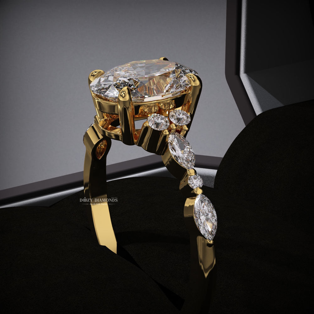 Oval pave lab grown diamond ring side profile in gold setting