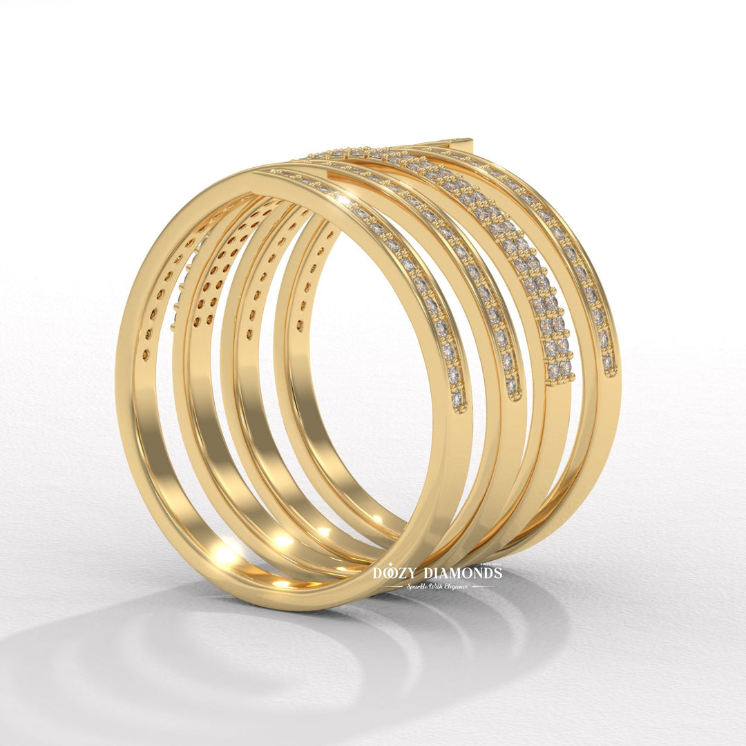 Spring diamond band stacked with engagement ring