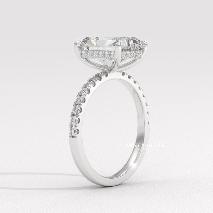 Close-up of radiant cut center diamond in hidden halo engagement ring