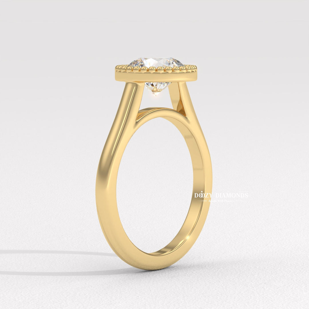 Round bezel engagement ring close-up highlighting diamond sparkle