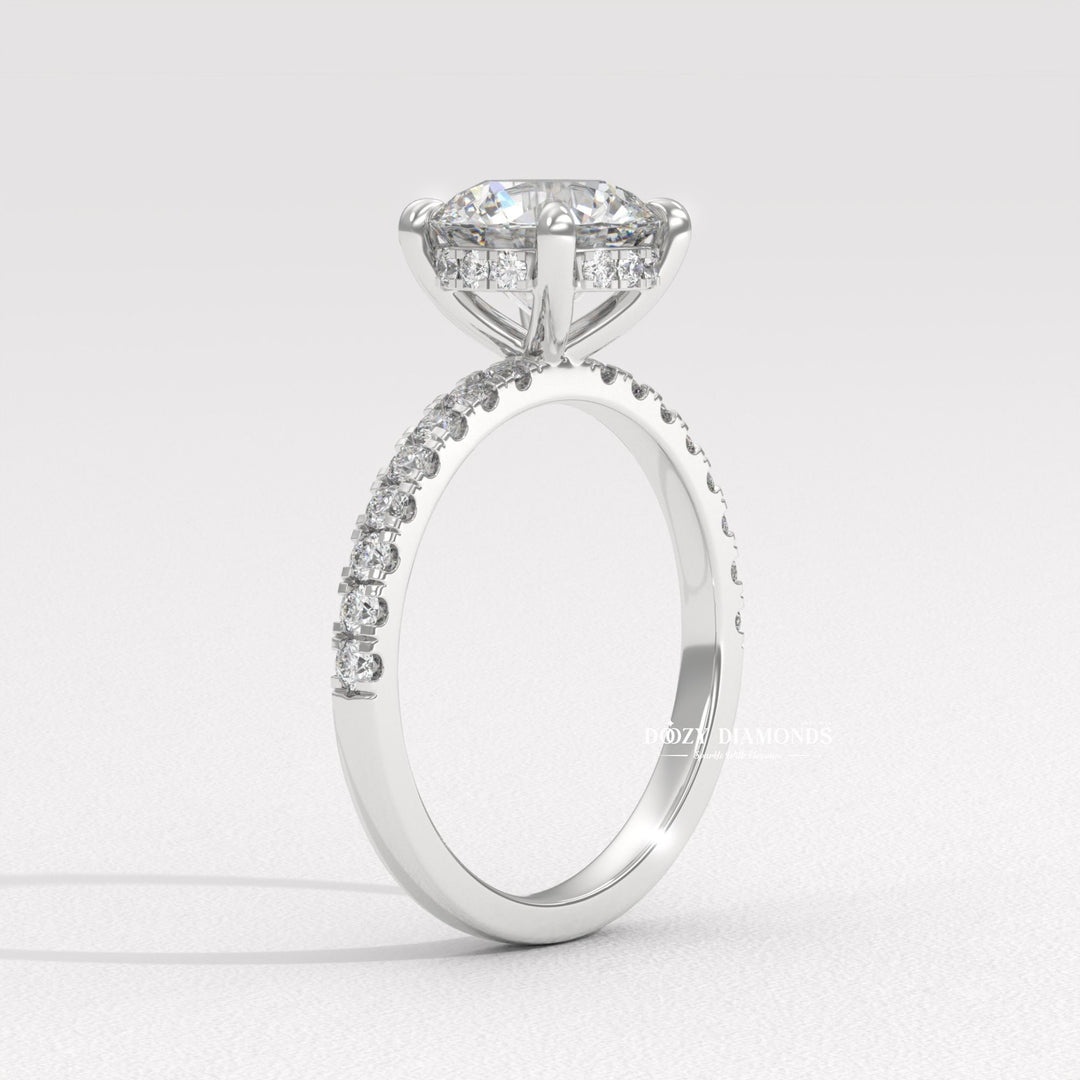 Macro shot of round cut diamond facets in hidden halo ring setting