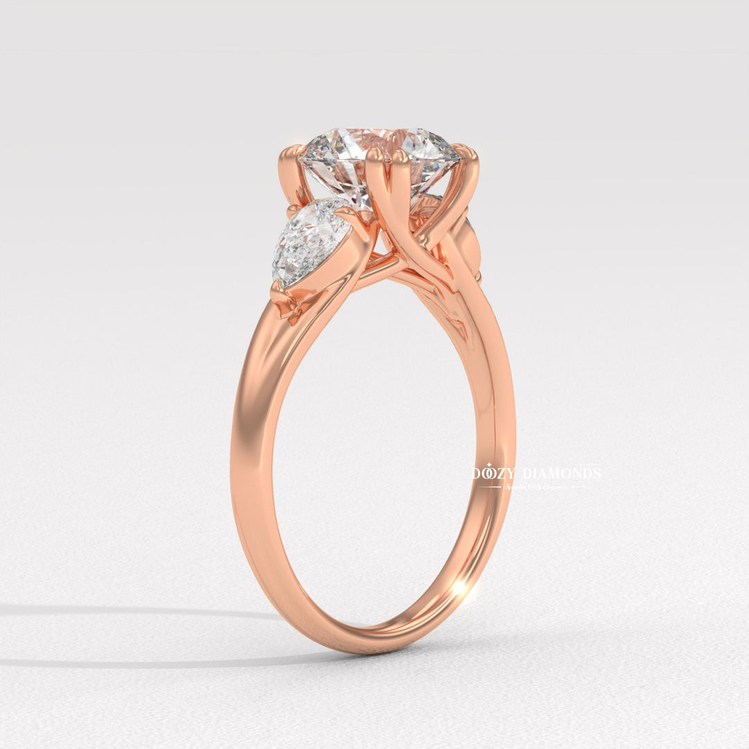 Round three stone lab grown diamond ring fitted on finger