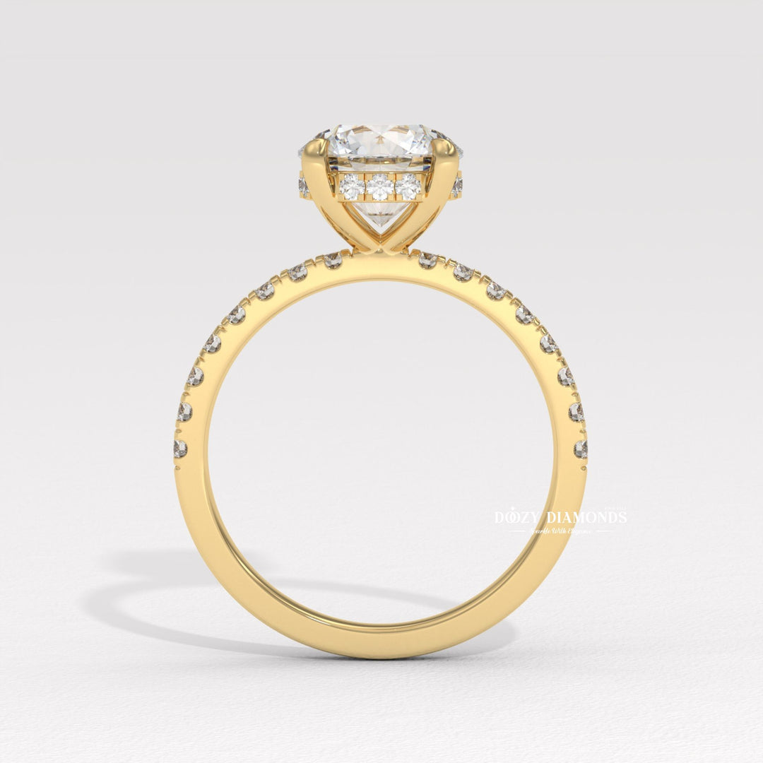 Top-down view of round cut hidden halo engagement ring