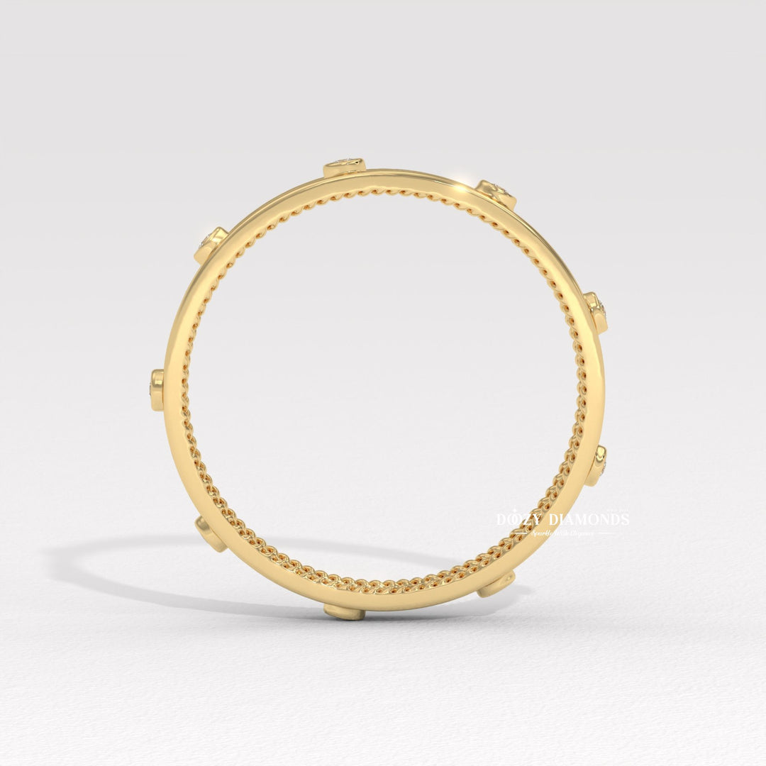 Classic Flush diamond band stacked with engagement ring
